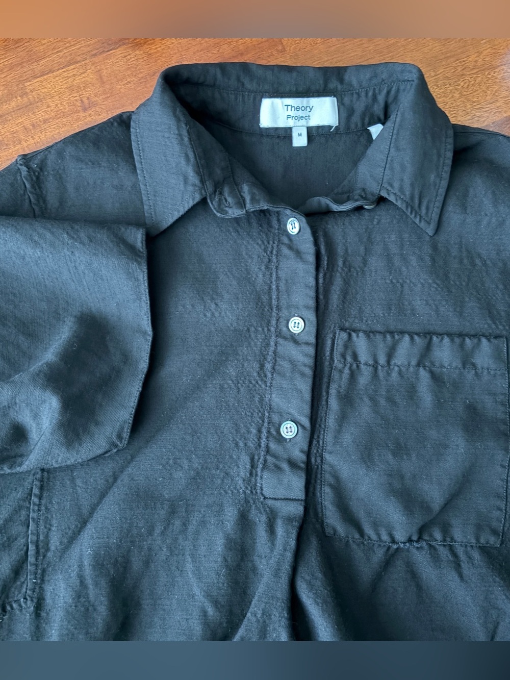 Theory Project Black Short Sleeve Wool Blend 1/4 Button Up Popover Shirt